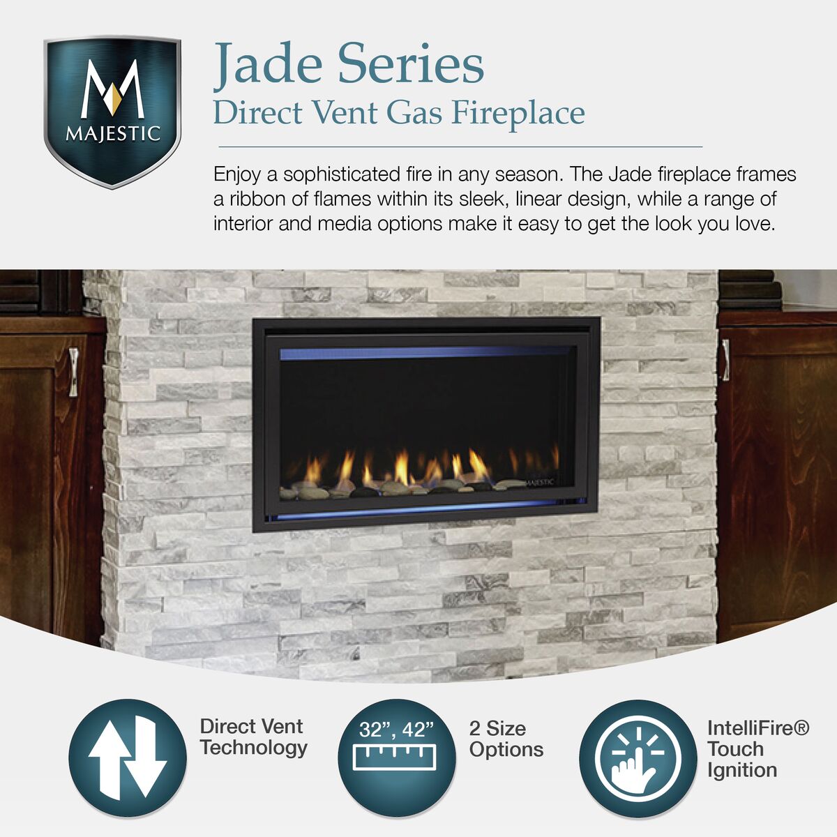 Jade 42 inch direct vent gas fireplace with IntelliFire Touch ignition system (NG or LP)