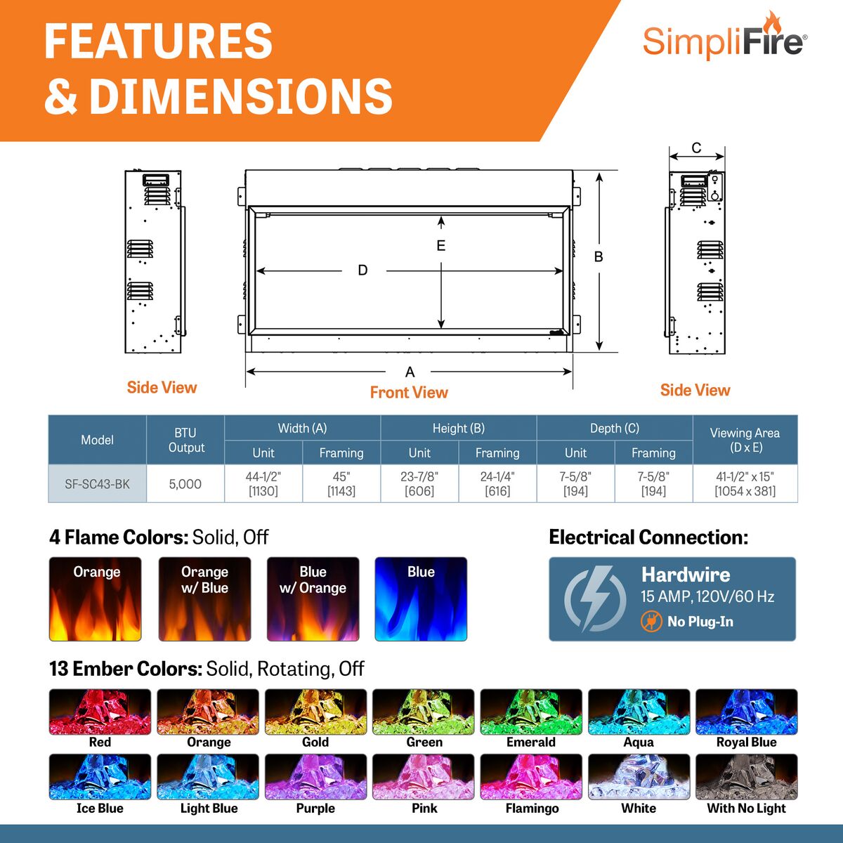 SimpliFire 43 Inch Scion Clean Face Linear Electric Fireplace