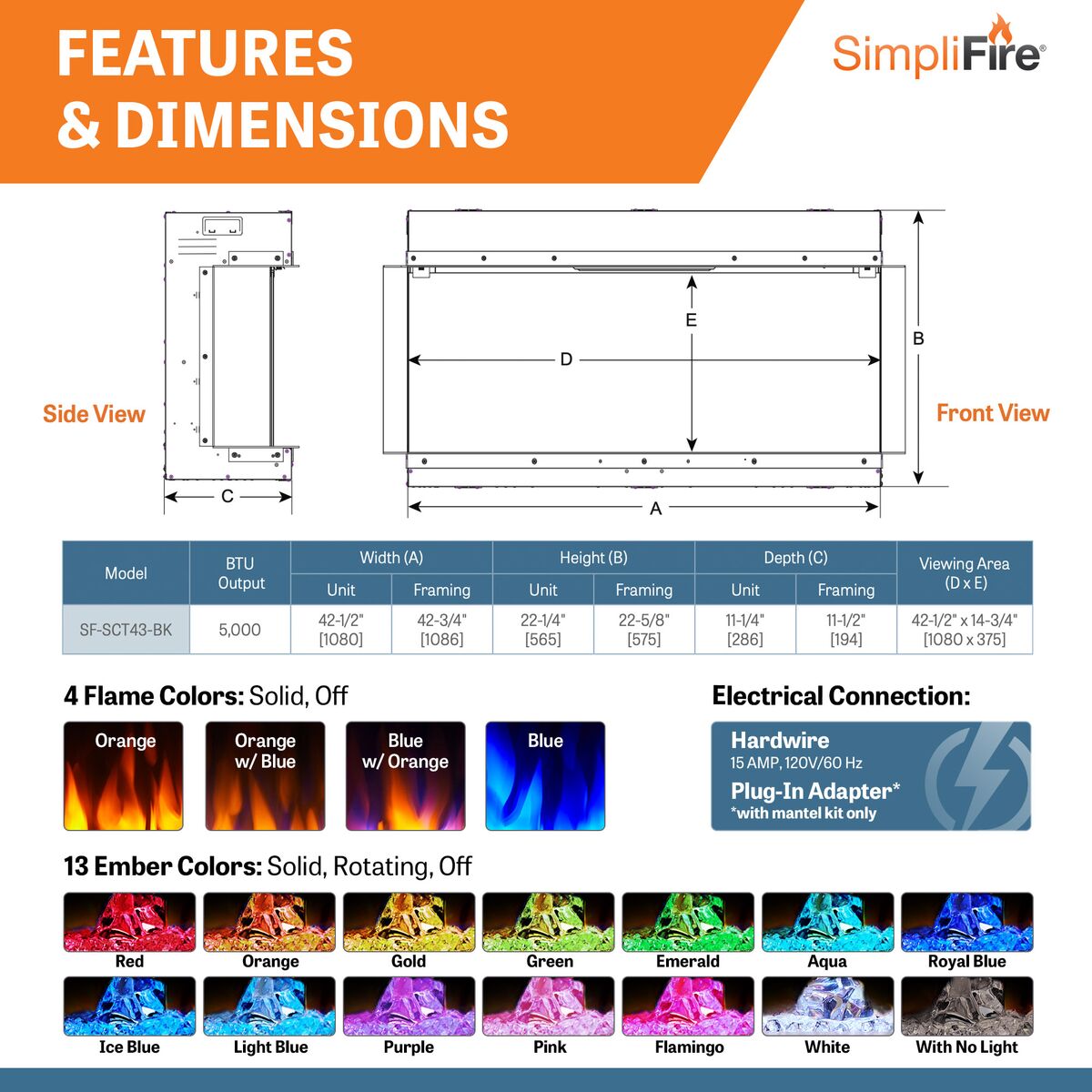 SimpliFire 43 Inch Scion Trinity 3-Sided Linear Electric Fireplace