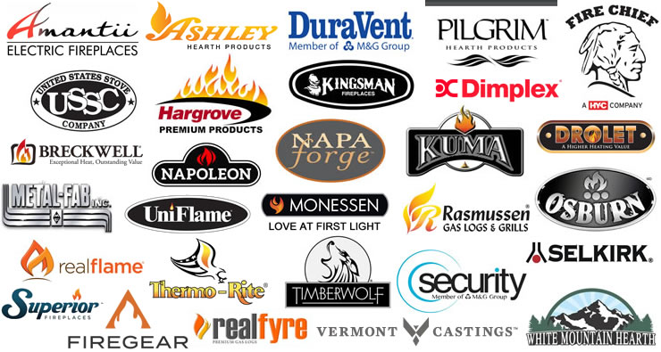Amantii,Drolet,DuraVent,Fire Chief,Hargrove,Kingsman Fireplaces,Kuma Stoves,Magnum,Metal-Fab,Napa Forge,Napoleon,Osburn,Peterson/Real Fyre,Pilgrim Home and Hearth,Real Flame,Rasmussen,Royall,Security Chimneys,Selkirk,Superior Fireplaces,Thermo-Rite,Timberwolf,Uniflame,US Stove Company,WoodMaster