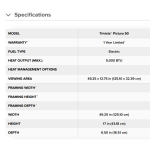 Trivista Pictura Wall Hanging Electric Fireplace Specs for 50 inch