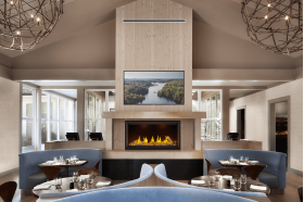 Linear fireplace in restaurant