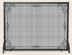Uniflame Single Panel Black Wrought Iron Screen With Decorative Scroll - S-1025