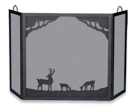 Uniflame Deluxe 3-Panel Black Wrought Iron Screen with Deer in Forest
