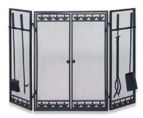 Uniflame 3 Fold Black Wrought Iron Screen with Filigree, Doors & T