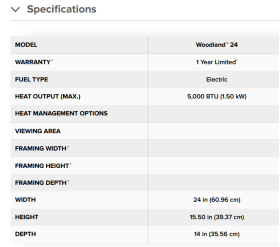 Woodland 24 Electric Log Set specs