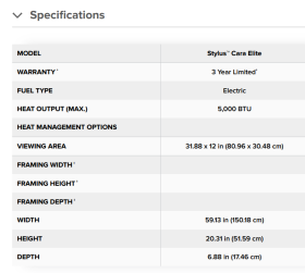 Stylus Cara Elite Electric Fireplace specs