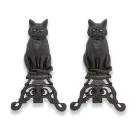 Uniflame Black Cast Iron Cat Andirons with Reflective Glass Eyes