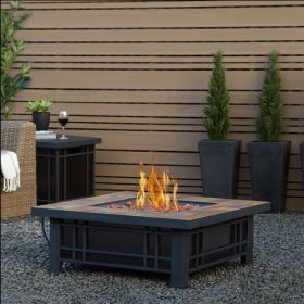 Real Flame Morrison Propane Fire Pit in Black and Brown with Natural Slate Tile Top - 906LP-NST