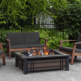 Real Flame Hamilton Rectangle Wood-Burning Fire Pit in Black and Brown with Natural Slate Tile Top - 946-NST