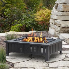 Real Flame Evans Rectangle Wood-Burning Fire Pit in black with Gray Tile top. - 948-GRT