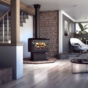 Drolet Escape 1800 EPA Wood Stove with Black Door installed