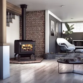 Drolet Escape 1800 Wood Stove On Legs with Black Door installed