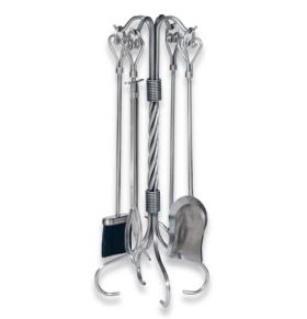 5 Piece Pewter Wrought Iron Fireset with Heart Handles, Tampico Brush