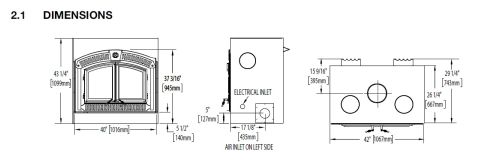 Napoleon 3000 NZ3000H Wood Burning Fireplace Dimensions