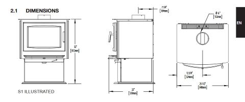 S1, S4, S9 Napoleon Wood Stove Dimensions