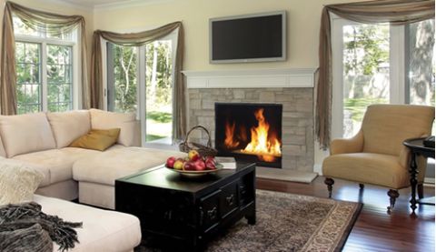 Superior 45" Direct-Vent Gas Fireplace, Top Vent installed in living room