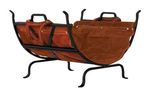 Uniflame Black Wrought Iron Log Holder With Leather Carrier - W-1018
