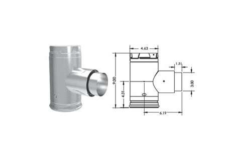 DuraVent PelletVent Pro Increaser Adapter Tee w/ Clean-Out Tee Cap - BLACK (Galvalume shown) - 3PVP-TADX4B1