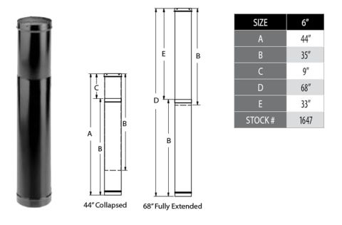 M&G DuraVent 6'' DuraBlack Telescoping Length 44'' - 68'' - Galvalume - 1647 // 6DBK-TL