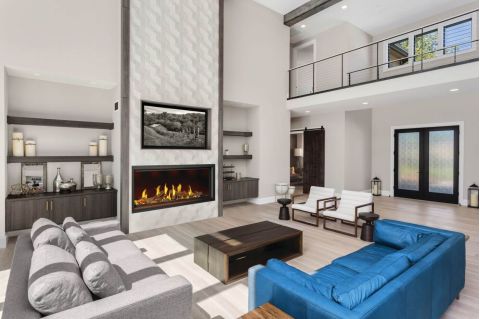 Fireplace burning in living room