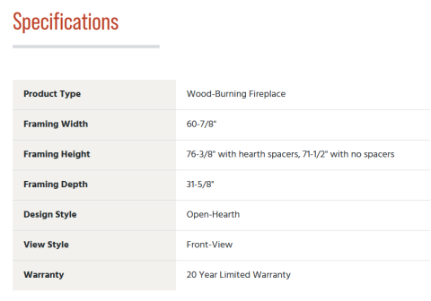 Superior 48" Wood-Burning Fireplace - WRT8048 - Specs