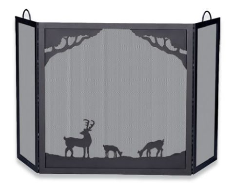 Uniflame Deluxe 3-Panel Black Wrought Iron Screen with Deer in Forest