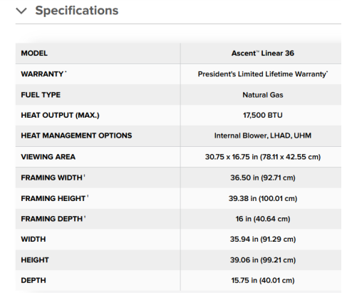 36 inch fireplace specs