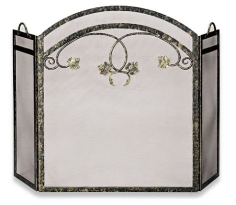 Uniflame 3 Fold Antique Gold Wrought Iron Screen with Top Leaf Design