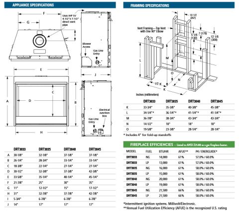 Superior Direct Vent Gas Fireplace DRT3000 Dimensions