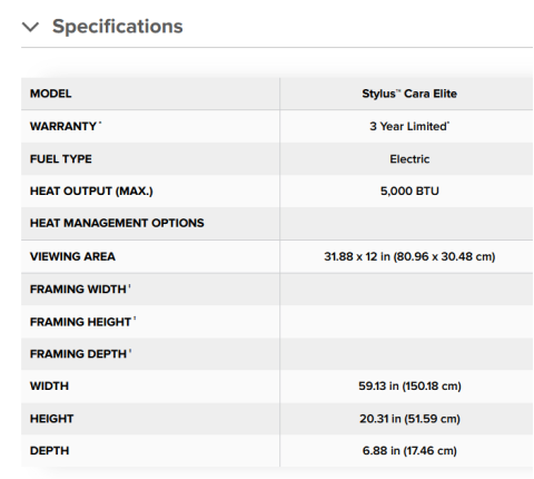 Stylus Cara Elite Electric Fireplace specs