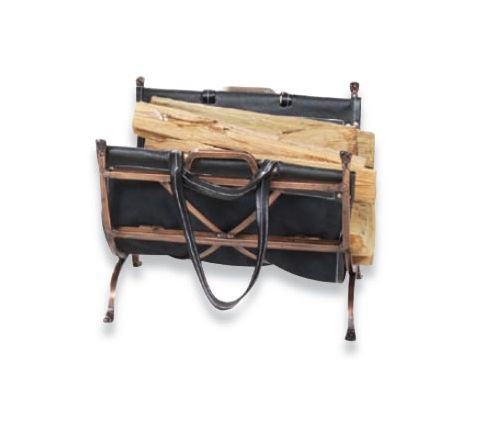 Antique Copper Wrought Iron Log Holder with Black Leather Carrier