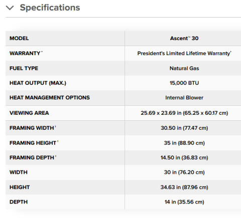 Specs for Ascent 30