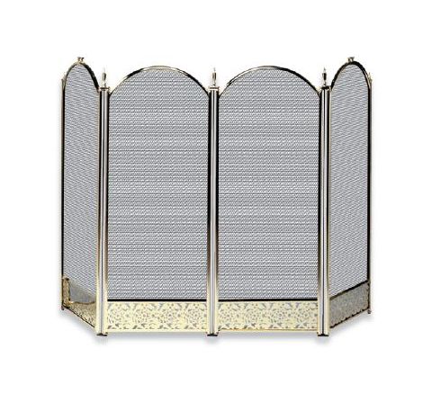 Uniflame 4 Fold Polished Brass Screen with Decorative Filigree