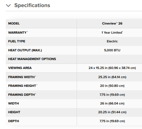 Napoleon Cineview 26 Electric Fireplace Insert specs