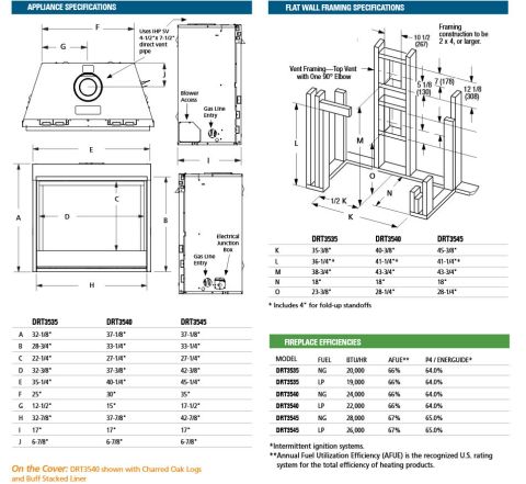 Superior Direct Vent Gas Fireplace DRT3500 Dimensions