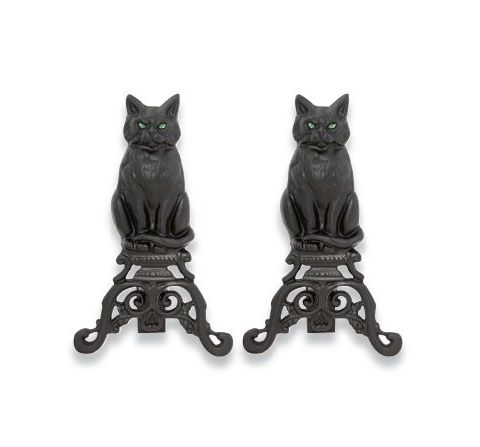 Uniflame Black Cast Iron Cat Andirons with Reflective Glass Eyes