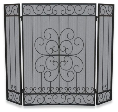 Uniflame 3 Panel Black Wrought Iron Screen with Bars/Floral - S-1068