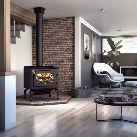 Drolet Escape 1800 Wood Stove On Legs with Black Door installed