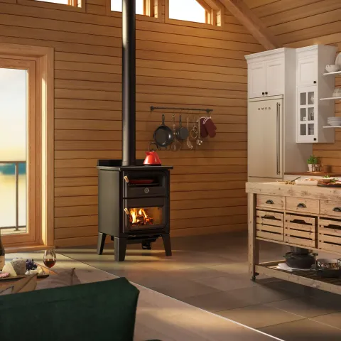 Drolet Bistro Large Wood Cookstove installed in kitchen
