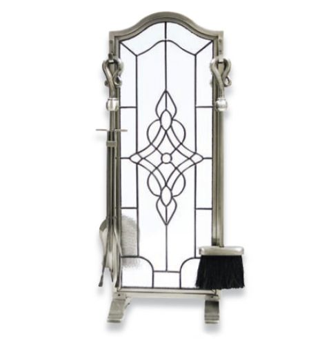 Uniflame 5 Piece Pewter Leaded Glass Fireset - F-1679