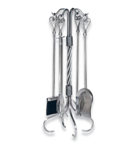 5 Piece Pewter Wrought Iron Fireset with Heart Handles, Tampico Brush