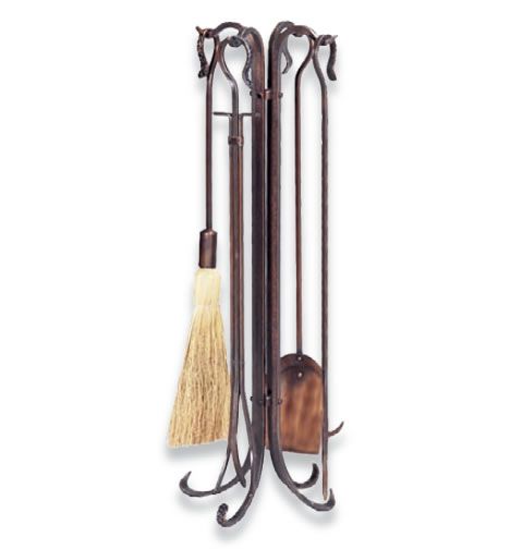 5 Piece Antique Copper Hammered Crook Fireset - F-1266