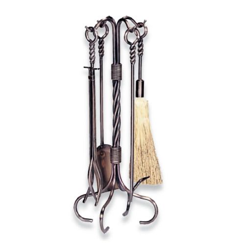 5 Piece Antique Copper Wrought Iron Fireset with Ring/Swirl Handles