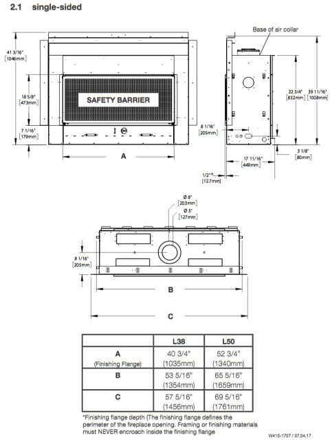 Napoleon Acies L38 - L50 Direct Vent Gas Fireplace Dimensions