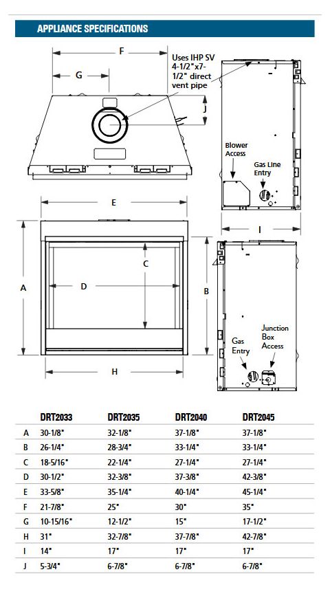 Superior Direct Vent Gas Fireplace DRT2000-2 Dimensions
